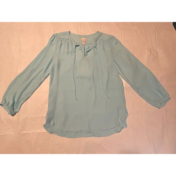 Chicos M/8 Sz 1 Layered Tie-Front Powder Blue Popover Blouse Peasant Long Sleeve - Picture 7 of 14
